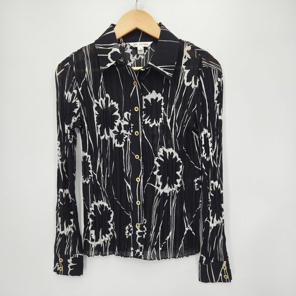 St. John Button Front Shirt Semi Sheer Silk Stretch Black White Floral Size 4 - Picture 1 of 5